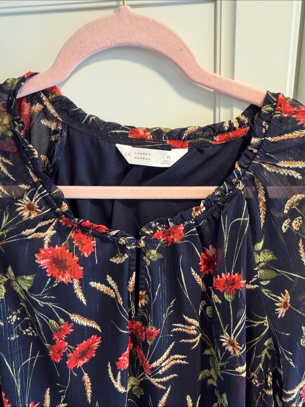 LC Lauren Conrad Navy Floral Peasant Blouse with Red and Green Print